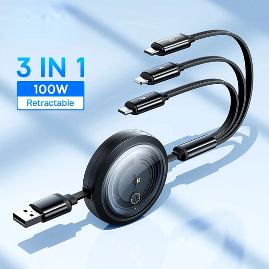 3 In 1 Retractable Phone Data Cable Type C USB 100W Fast Charging Cable Suitable For iPhone Huawei Xiaomi Android Micro