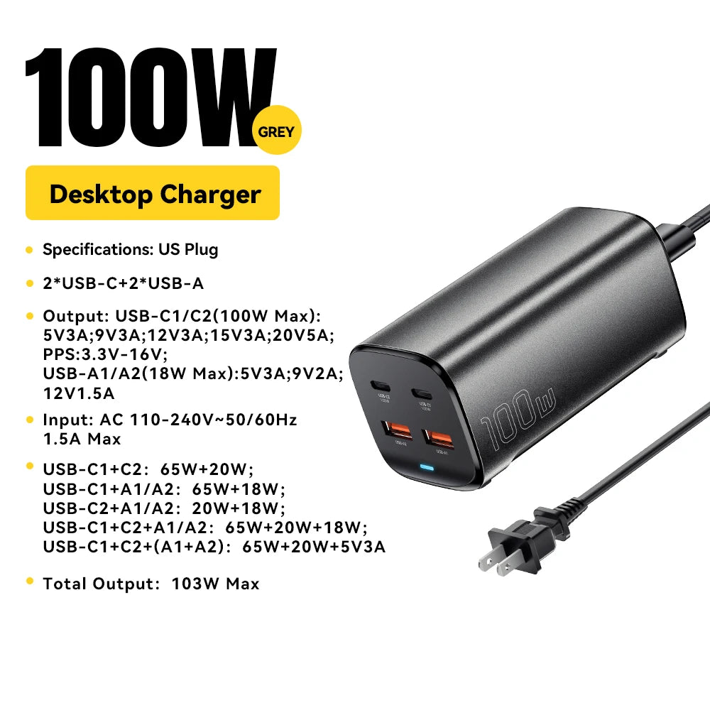 Essager 100W USB C GaN Charger Desktop Quick Charge QC 4.0 3.0  Type C Fast Charging For iPhone 15 Laptop MacBook Samsung POPC