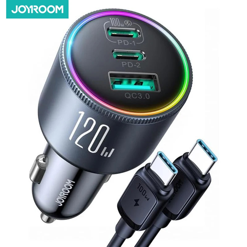 JOYROOM 120W Car Charger USB C for iPhone 15 Pro 3 Port Super Fast Car Charger Adapter PD 100W&35W QC 4.0 Car Phone Charger