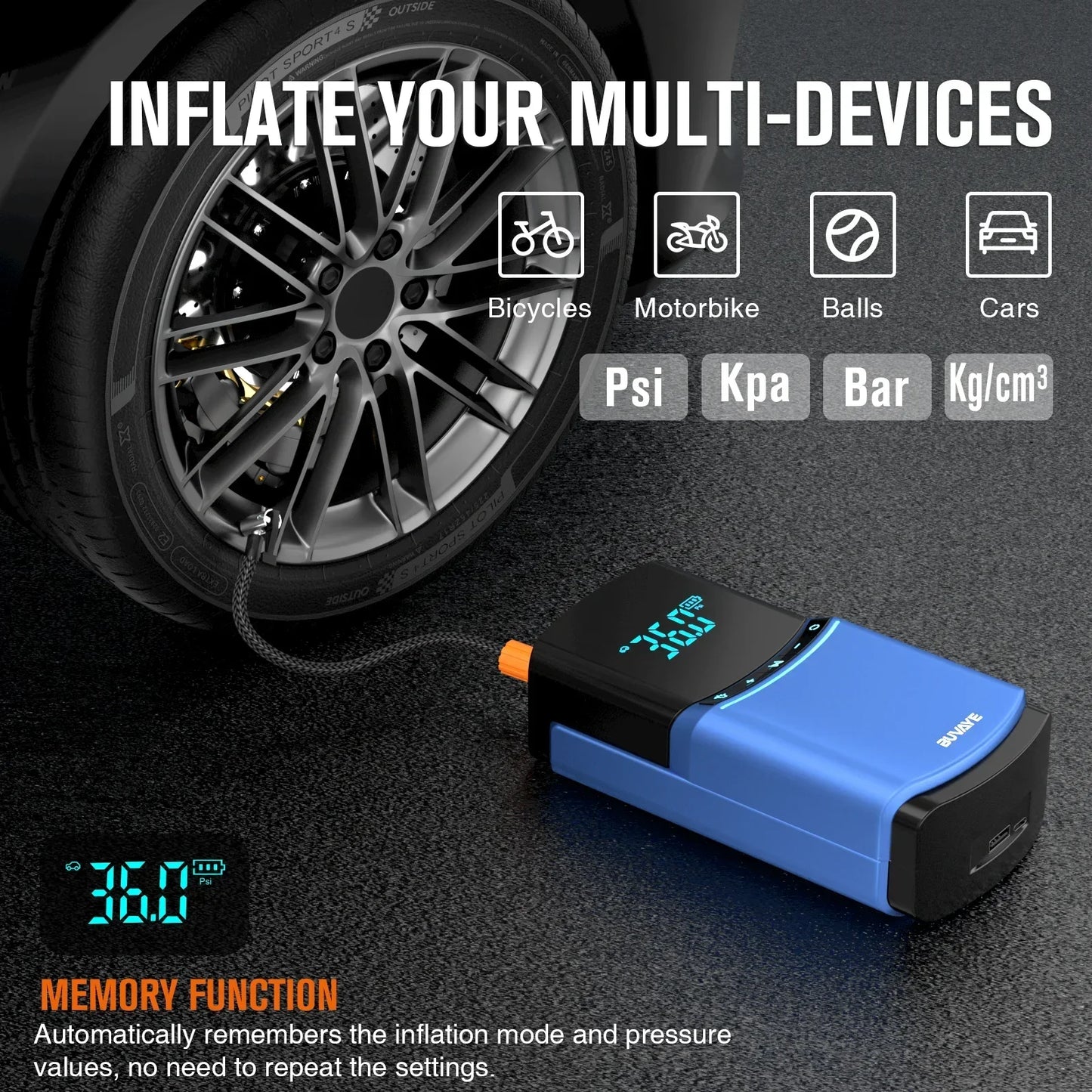 BUVAYE 4 in 1 Car Jump Starter Air Pump 150PSI Tire Compressor 2000A Jump Starter Device Power Bank Digital Inflatable Pump