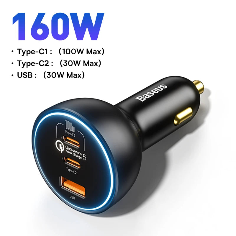 Baseus 160W Car Charger QC 5.0 Fast Charging PPS PD3.0 USB Type C Car Phone Charge For iPhone 16 15 14 Laptops Tablets Samsung