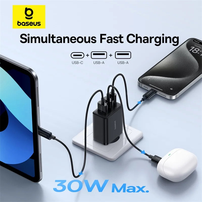 Baseus 30W USB Charger QC3.0 PD3.0 Type C PD Fast Charging Quick Phone Charger For iPhone 15 14 13 12 Pro Max Xiaomi Samsung