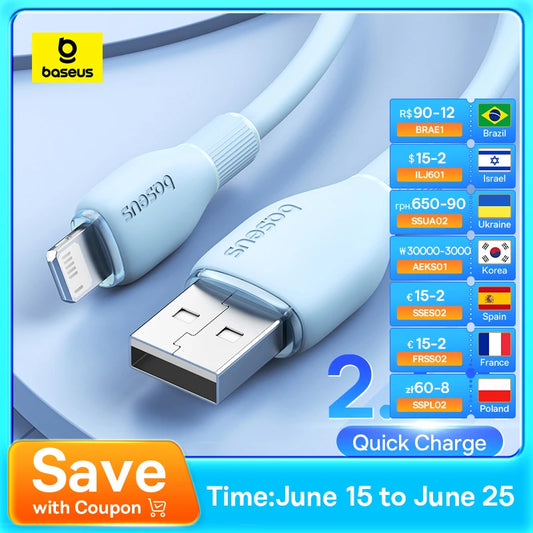 Baseus TPE 2.4A Fast Charging USB Cable for iPhone 14 13 Pro Max Xs Xr X 8 Plus Cable for iPhone iPad Air Mini 4 Charger Cable