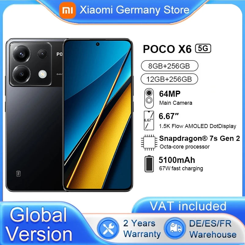 Global Version POCO X6 5G Snapdragon 7s Gen 2 Octa Core 6.67 ''120Hz AMOLED Display 64MP Camera 67W Fast Charge 5100mAh Battery