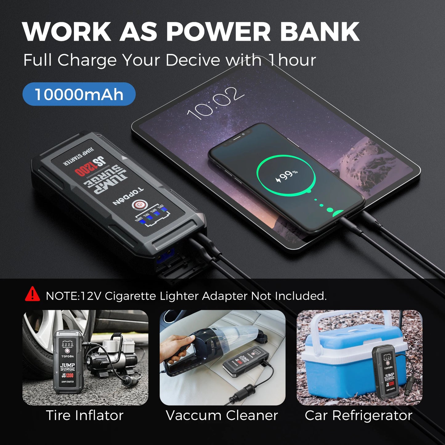 Topdon JS2000/JS1500/JS1200pro 2000A/1200A Jump Starter Power Bank 12V Car Starting Device 16000Mah Battery for Booster