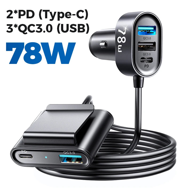 Joyroom Car Charger USB C, 78W 5-in-1 Car Charger Fast Charge PD3.0/PPS/QC4.0, Type C Car USB Charger Multi Port with Display