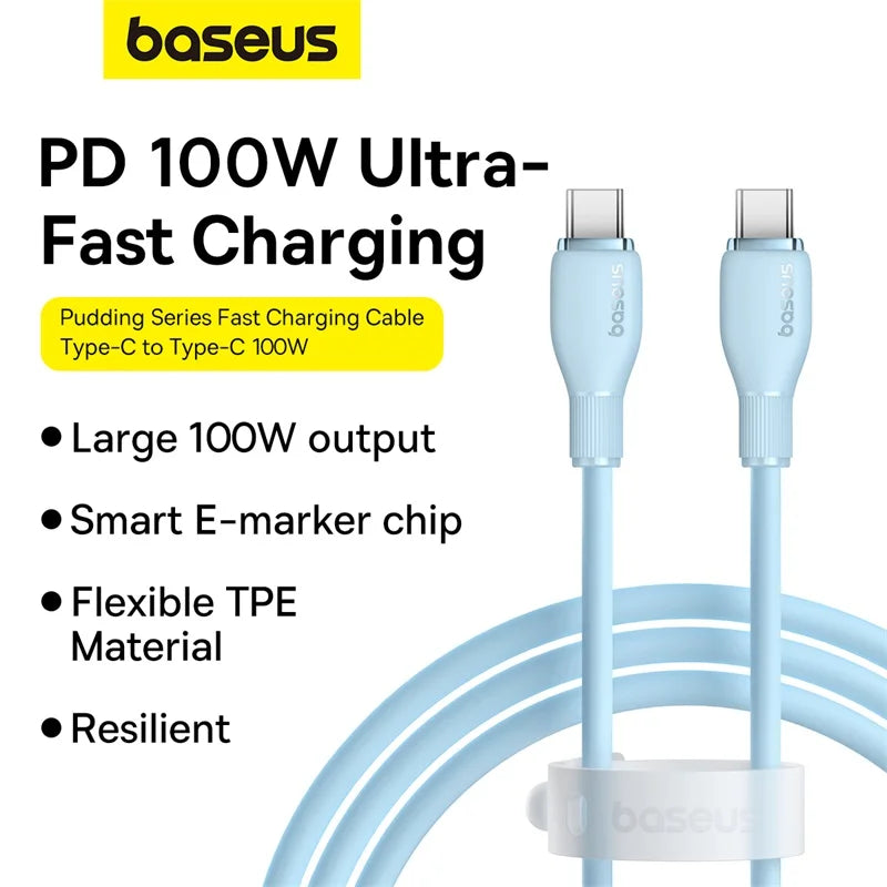 Baseus 100W USB C Cable For iPhone 16 15 Fast Charging Cable For Samsung Xiaomi Huawei Macbook Data Wire Charging Cable Soft TPE