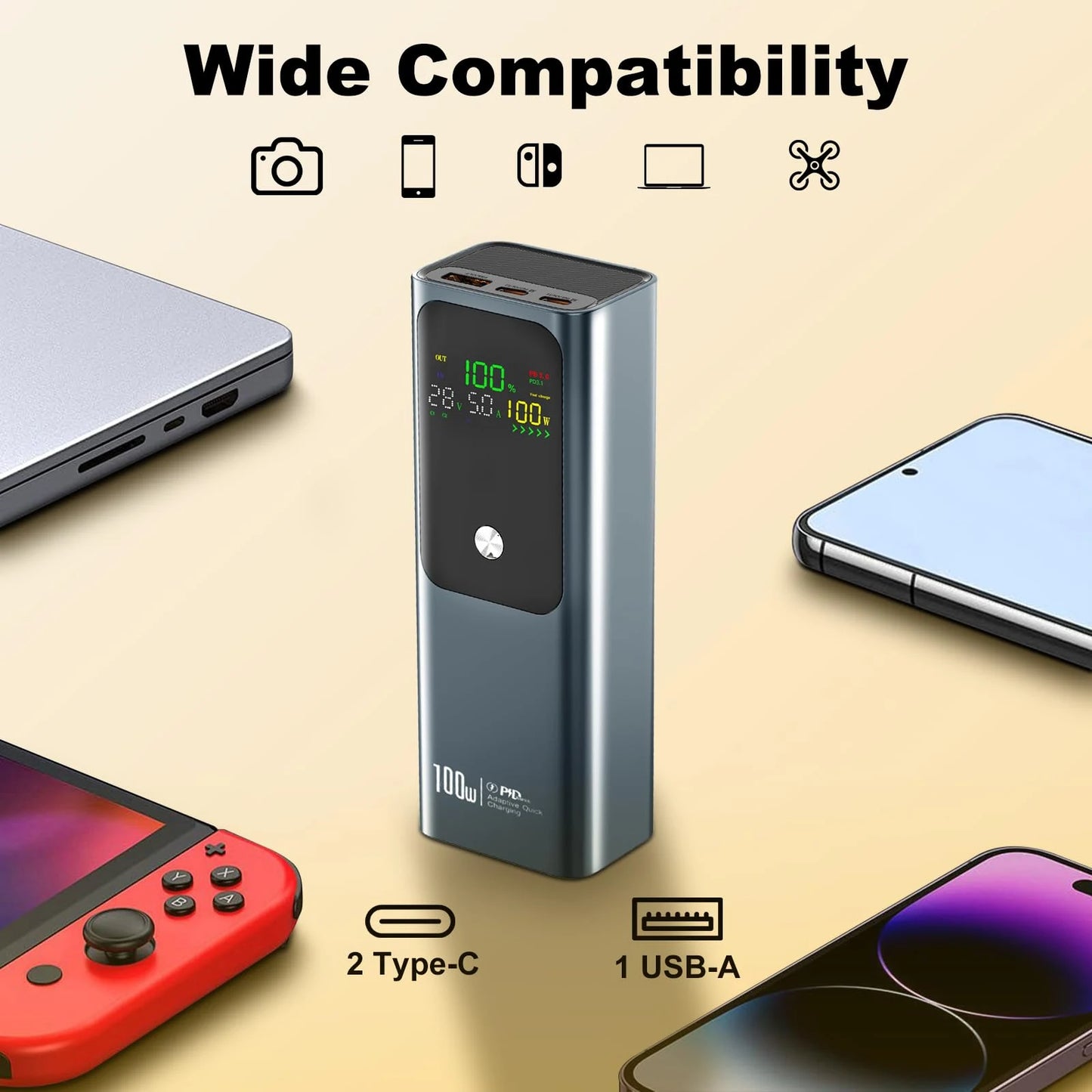 True 100W 20000mAh Large Capacity Power Bank Portable Fast Charging External Battery For iPhone Samsung Xiaomi Laptops Switch