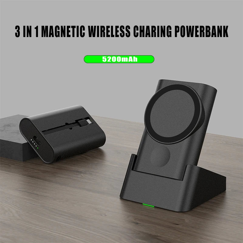 5200mAh Magnetic Power Bank 3 in 1 Wireless Fast Charger Stand External Auxiliary Battery For Magsafe iPhone Apple Watch