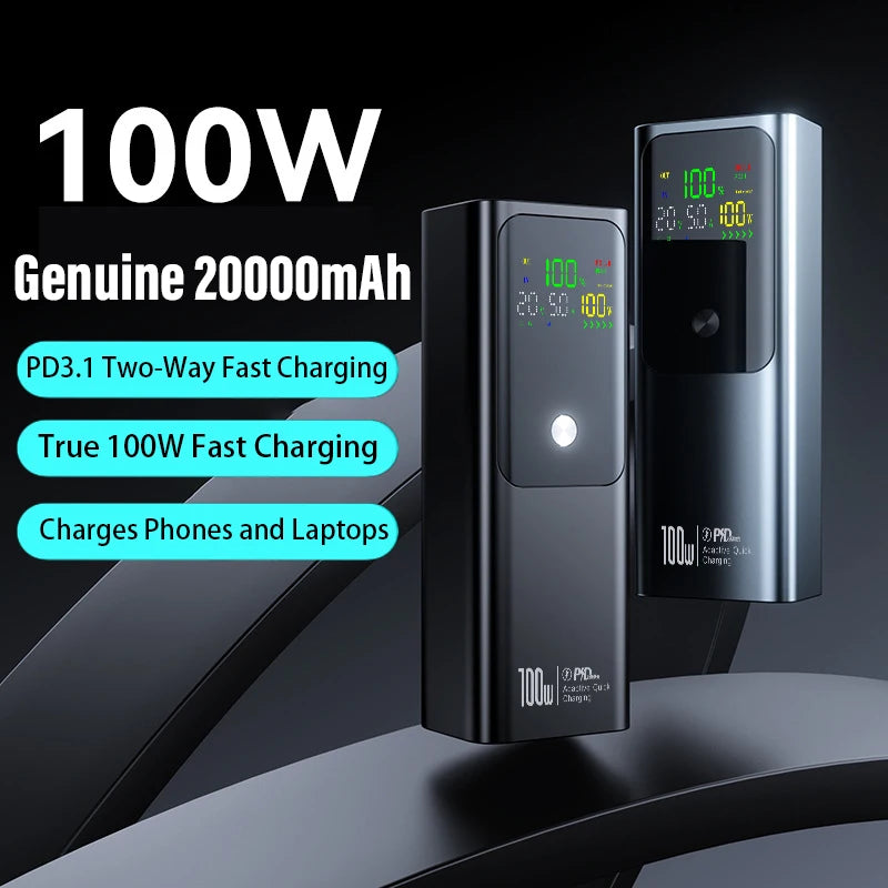 True 100W 20000mAh Large Capacity Power Bank Portable Fast Charging External Battery For iPhone Samsung Xiaomi Laptops Switch