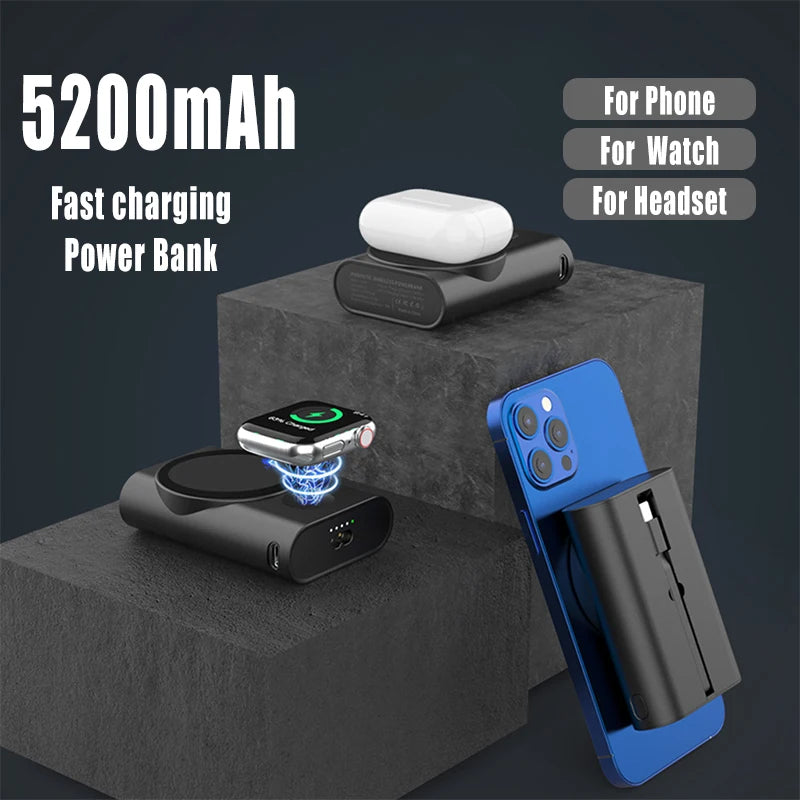 5200mAh Magnetic Power Bank 3 in 1 Wireless Fast Charger Stand External Auxiliary Battery For Magsafe iPhone Apple Watch