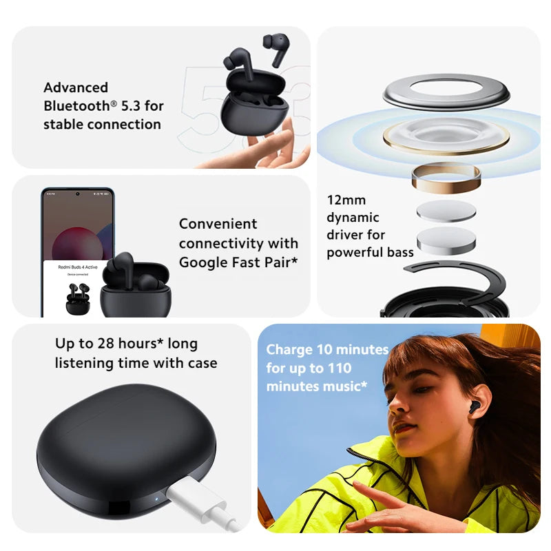 Global Version Xiaomi Redmi Buds 4 Active TWS Active Noise Cancelling Bluetooth 5.3 Wireless Earphone Waterproof Sport Headphone