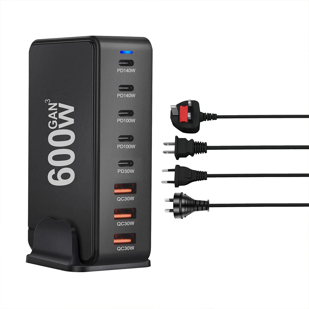 600W GaN Type C Charger 8-port USB C PD Fast Charging Station PD3.1 Adapters for iPhone 16 15 14 Samsung Xiaomi Huawei Tablets