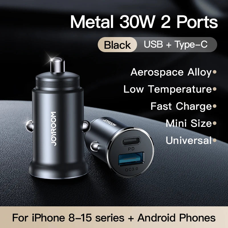 Joyroom 30W USB C Car Charger Adapter PD QC3.0 Mini & Metal USB Charger Fast Charging Phone Charger for iPhone Samsung Galaxy