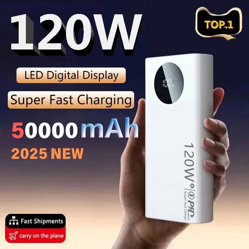 120W Powerbank 50000mAh Ultralarge Capacity Fast Charging Portable Large Capacity Battery Digital Display Power Bank 2025 New