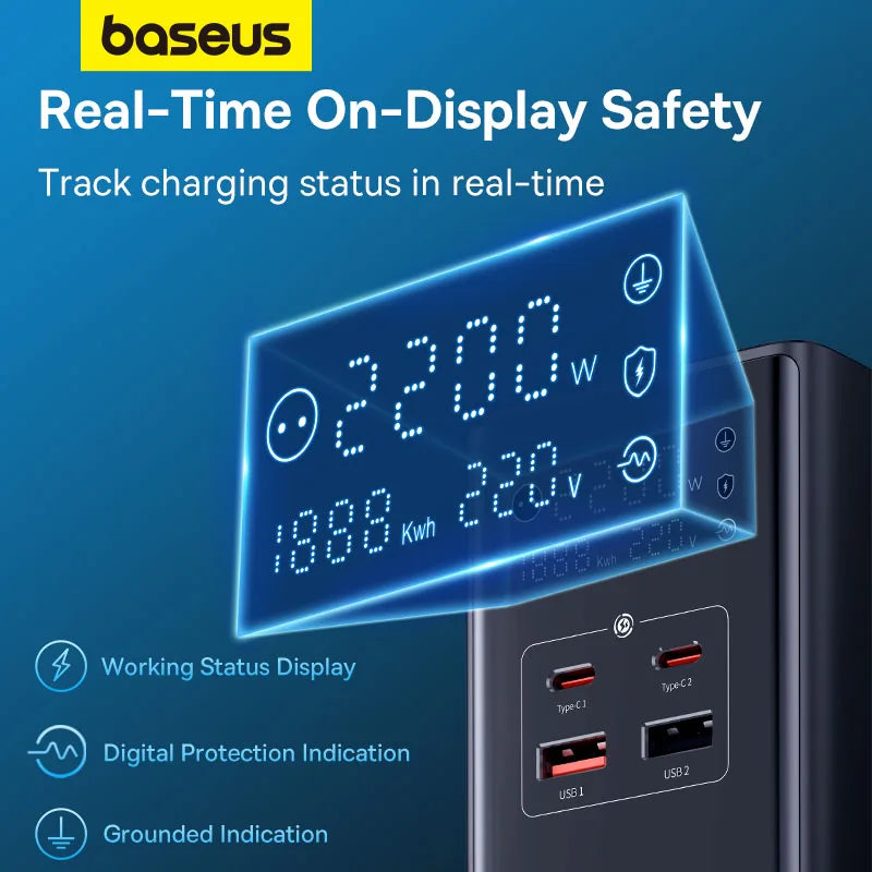 Baseus 35W Fast Charger Digital Power Strip 7-in-1 Charging Station 4000W Rated Power Digital Display For iPhone16 15 14 Pro Max