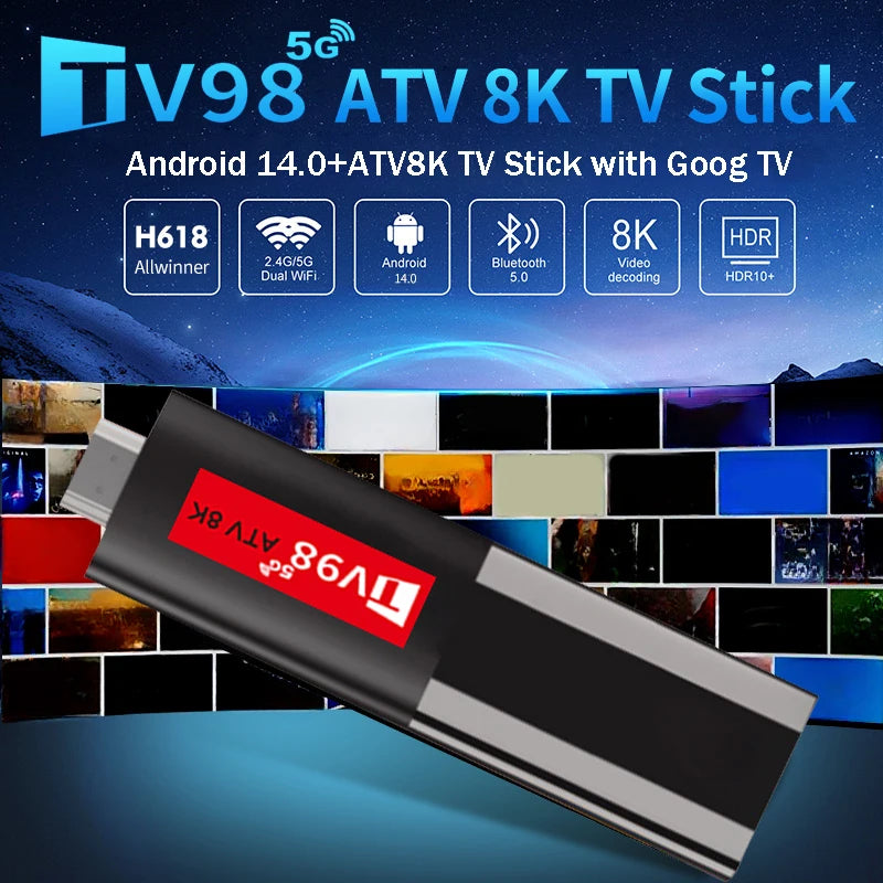 TV98 ATV 8K Mini TV Stick Android 14 Allwinner H618 Quad Core Cortex A53 8K HDR10+ iptv 4G&5G WIFI BT 5.0 Voice Smart TV BOX