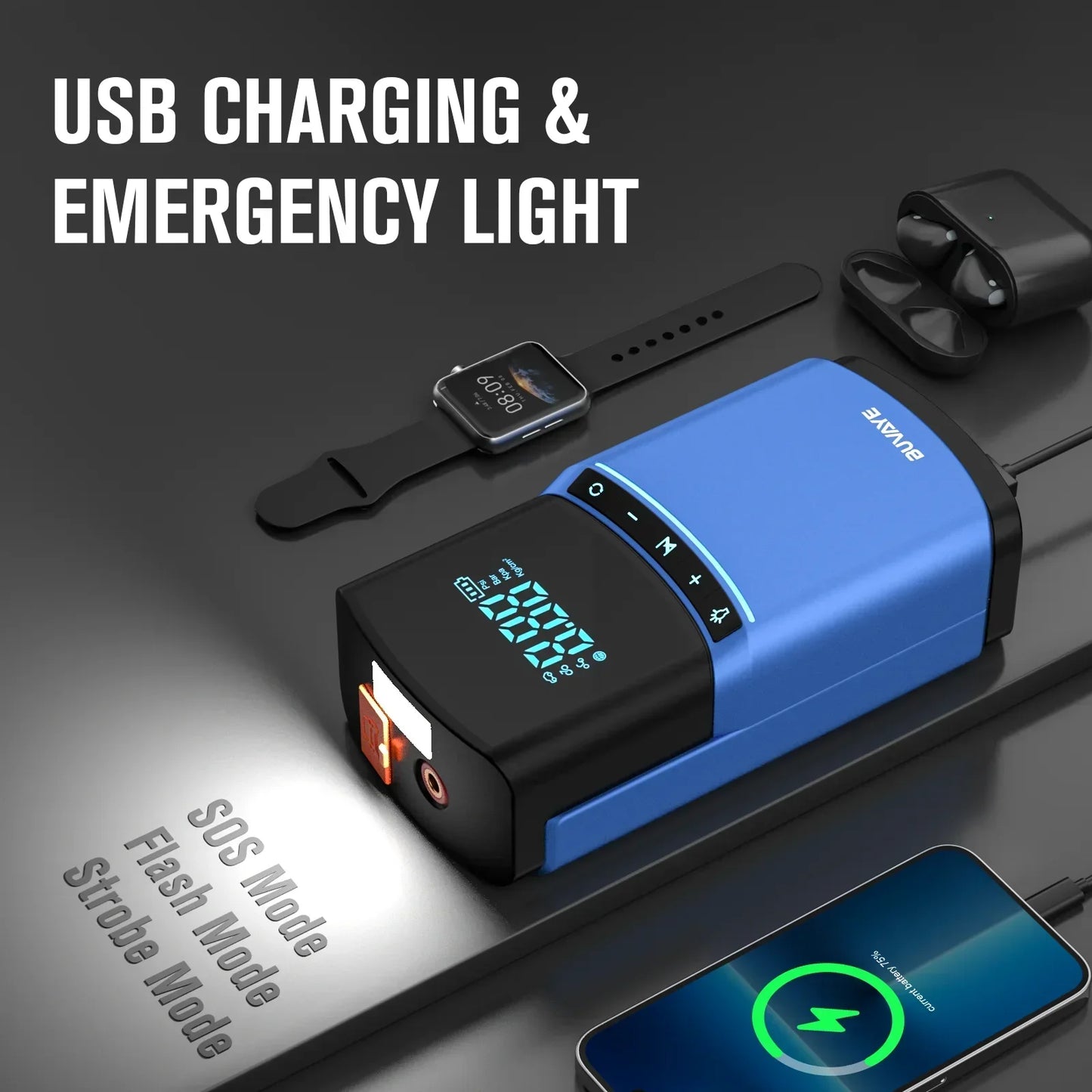 BUVAYE 4 in 1 Car Jump Starter Air Pump 150PSI Tire Compressor 2000A Jump Starter Device Power Bank Digital Inflatable Pump
