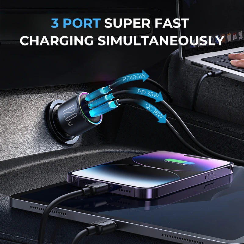 JOYROOM 120W Car Charger USB C for iPhone 15 Pro 3 Port Super Fast Car Charger Adapter PD 100W&35W QC 4.0 Car Phone Charger