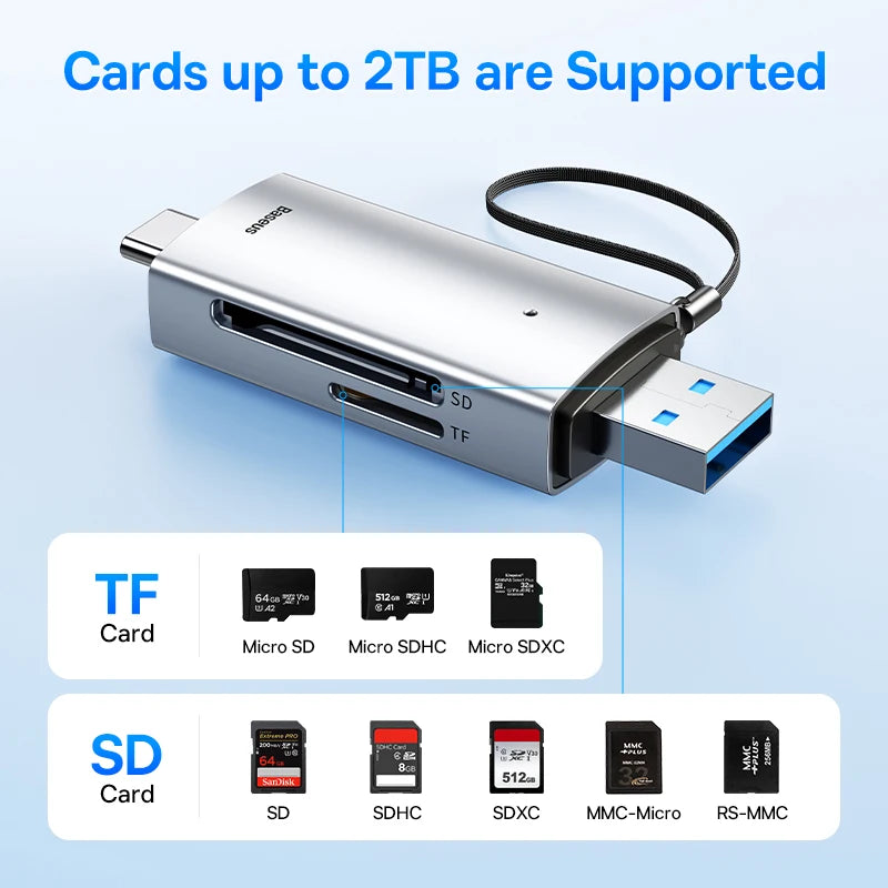 Baseus Card Reader USB C & USB3.0 to SD Micro SD TF Memory Card Device 104MB/s 2TB Smart Cardreader for Laptop Accessories