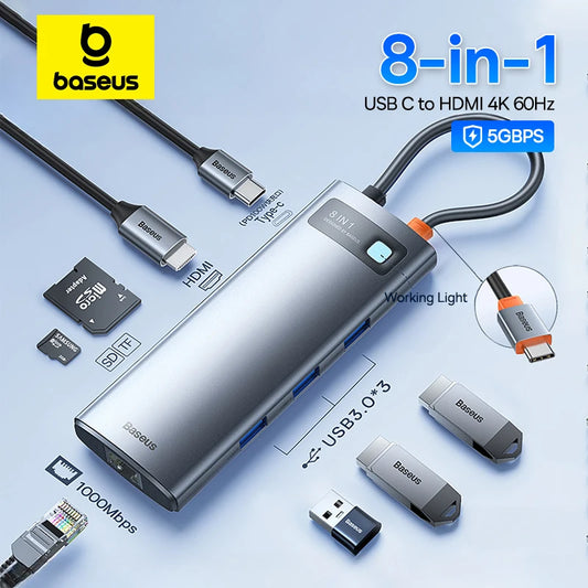 Baseus USB C 3.1 HUB 4K 60Hz Type C to HDMI-Compatible 8-in-1 Hub For RJ45 PD 100W SD TF Card Adapter For Macbook iPad Laptop PC