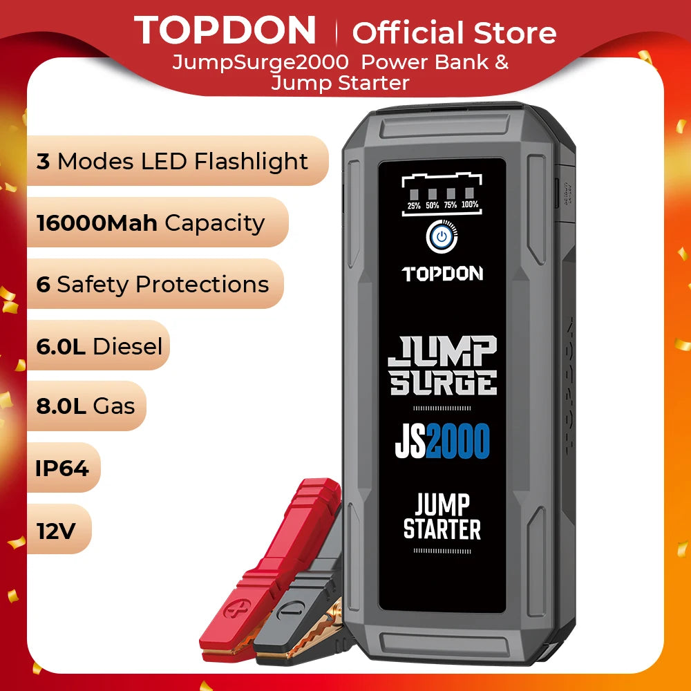 Topdon JS2000/JS1500/JS1200pro 2000A/1200A Jump Starter Power Bank 12V Car Starting Device 16000Mah Battery for Booster