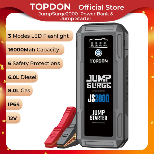 Topdon JS2000/JS1500/JS1200pro 2000A/1200A Jump Starter Power Bank 12V Car Starting Device 16000Mah Battery for Booster