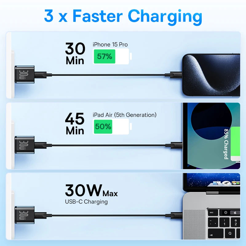 Baseus 30W GaN Charger Phone charger For iPhone 16 15 14 13 12 Pro Max USB C Charger Support PD QC PPS Fast Charging For Laptop