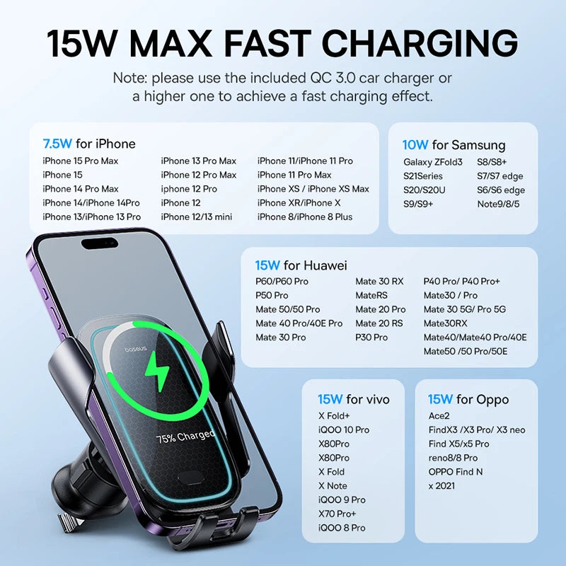 Baseus Car Wireless Charger Car Phone Holder Auto for iPhone 15 Samsung Xiaomi Phone Holder Car Holder 15W Air Vent Mount Holder