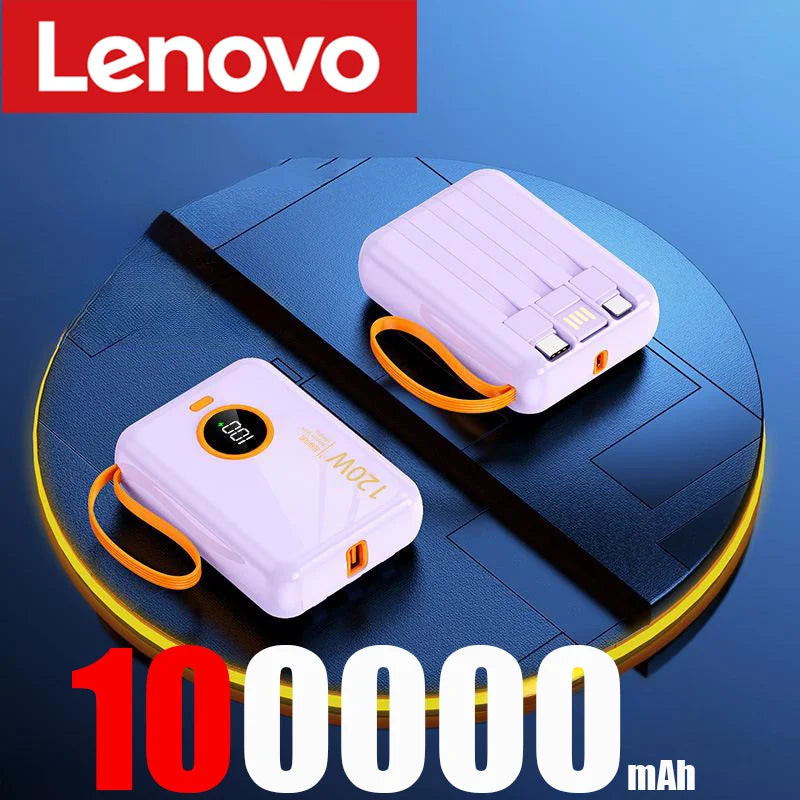 Lenovo 120W 100000mAh Portable Power Bank High Capacity Cable Two-way Fast Charging Mini Powerbank for iPhone Samsung ﻿2024