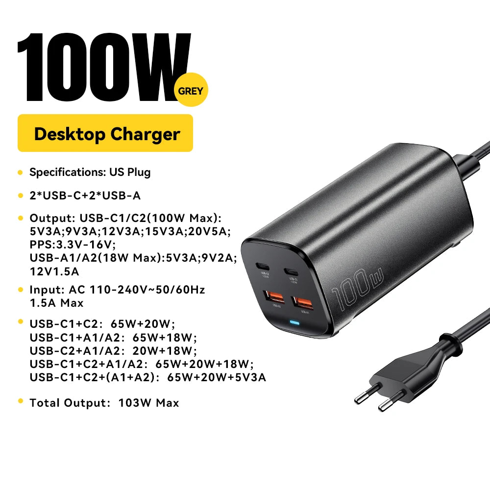 Essager 100W USB C GaN Charger Desktop Quick Charge QC 4.0 3.0  Type C Fast Charging For iPhone 15 Laptop MacBook Samsung POPC