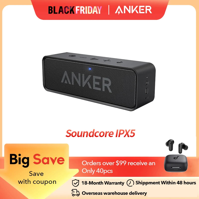 Anker Soundcore Portable Wireless Bluetooth Speaker with Dual-Driver Rich Bass 24h Playtime 66 ft Bluetooth Range & Built-in Mic