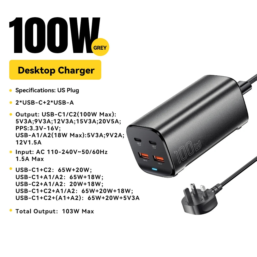 Essager 100W USB C GaN Charger Desktop Quick Charge QC 4.0 3.0  Type C Fast Charging For iPhone 15 Laptop MacBook Samsung POPC