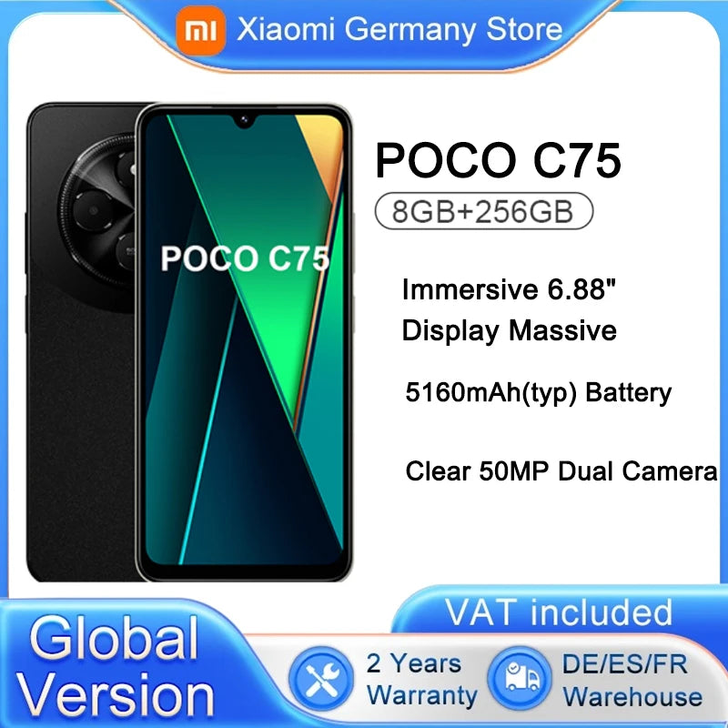 Global Version Xiaomi POCO C75 Smartphone lmmersive 6.88" display Clear 50MP Al dual camera Up to 16GB memony extension 5160mAh