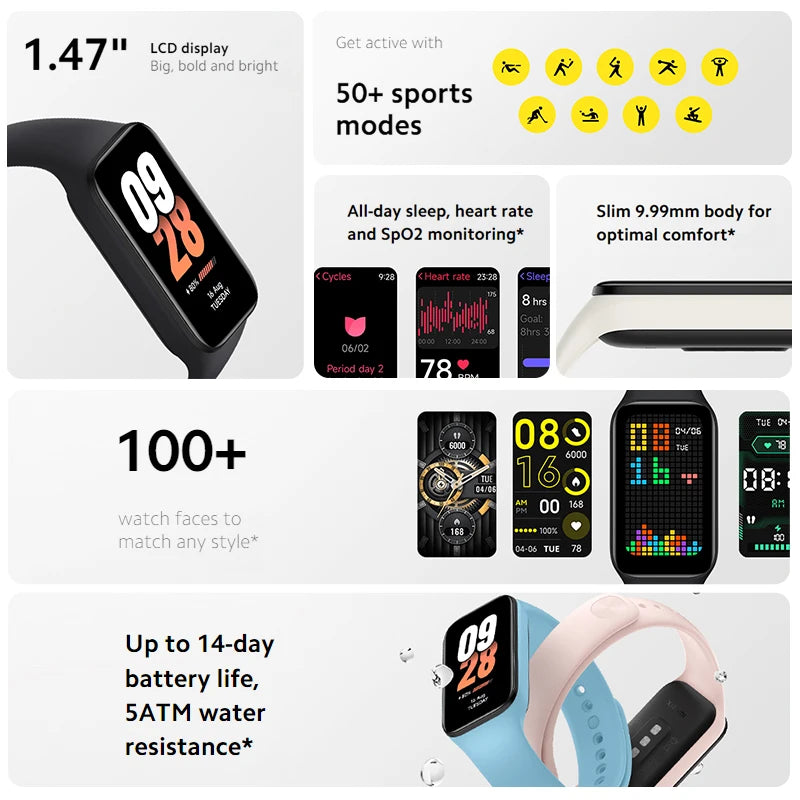 In stock Xiaomi Smart Band 8 active Global Version 1.47'' Advanced Sleep Fitness Tracking 50+Sport Modes 14Days Battery Bluetoot