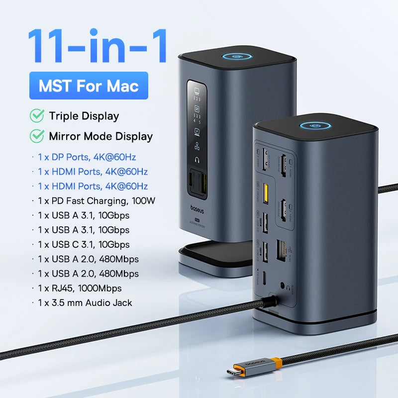 Baseus USB C Hub to DP 4K@60Hz HDMI DisplayPort 11-IN-1 Docking Station Triple Display RJ45 PD 100W For Window Mac USB 3.1 HUB