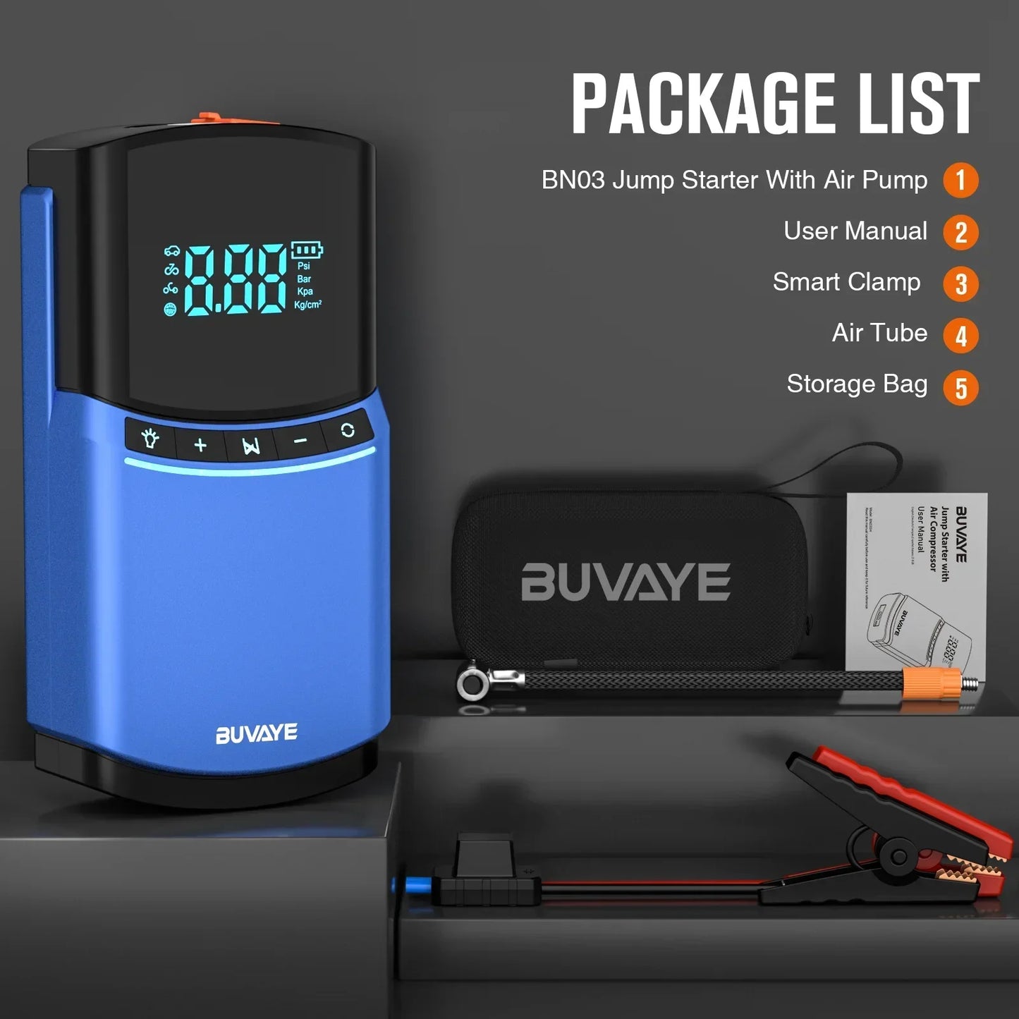 BUVAYE 4 in 1 Car Jump Starter Air Pump 150PSI Tire Compressor 2000A Jump Starter Device Power Bank Digital Inflatable Pump