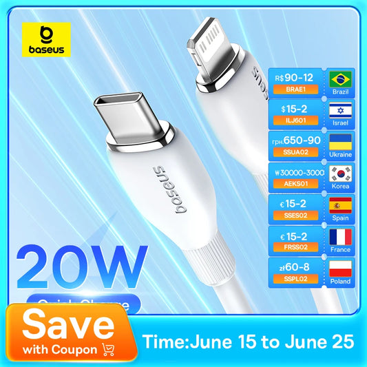 Baseus TPE 20W USB C Cable For IPhone 14 13 12 11 Pro Max XS Fast Charging Cable Type C To Lighting Date Wire For iPad Macbook