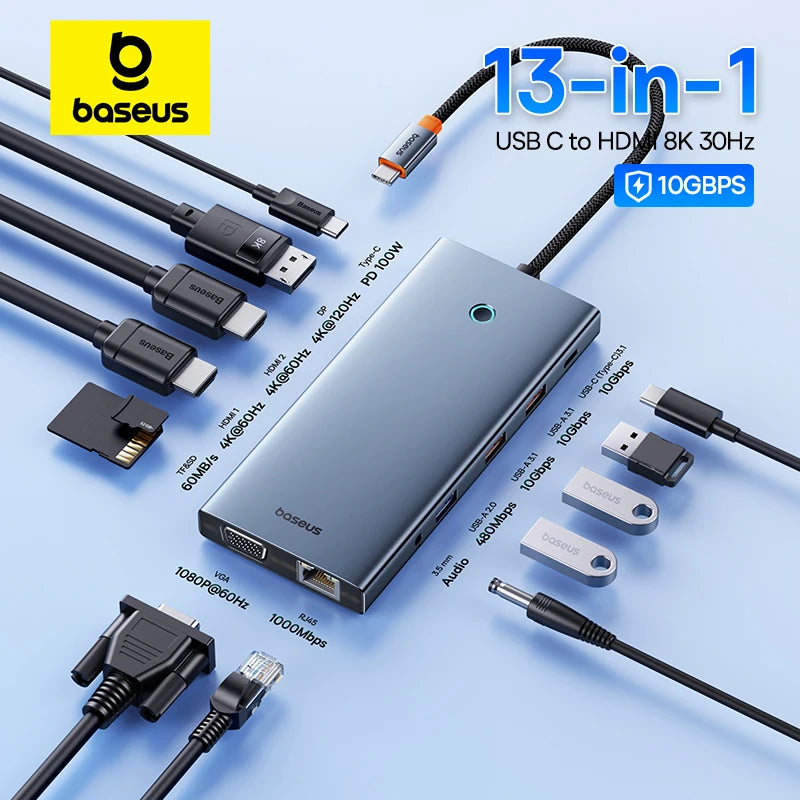 Baseus USB C Hub Type C to HDMI USB HUB Adapter 13-In-1 DP 4K 60Hz 120Hz RJ45 VGA Converter PD 100W USB A 3.1 2.0 For Macbook PC