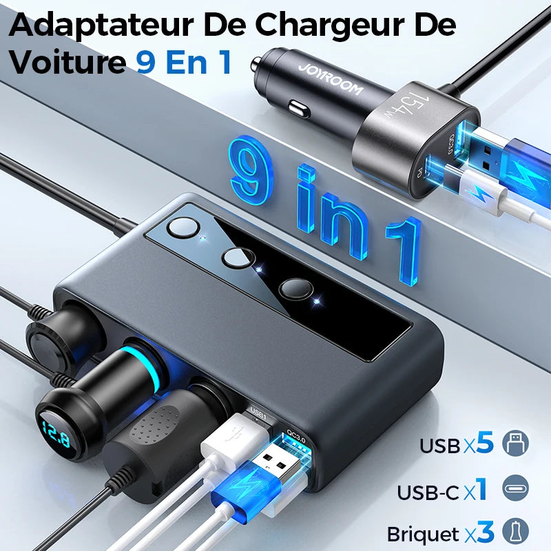 Joyroom 154W  9 in 1 Car Charger Adapter PD 3 Socket Cigarette Lighter Splitter Charge Independent Switches DC Cigarette Outlet