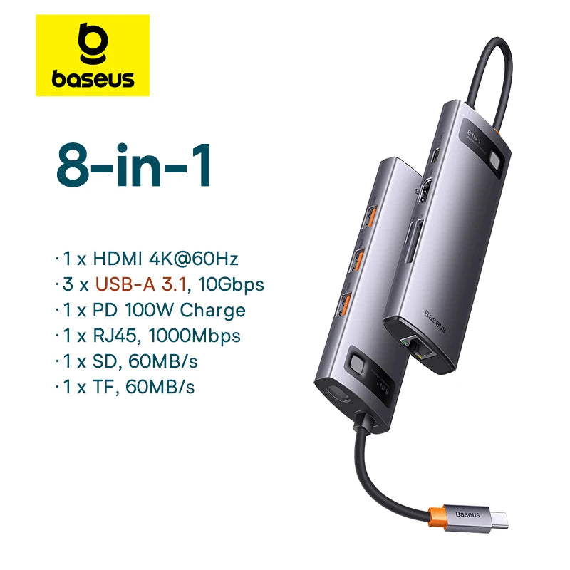 Baseus USB C 3.1 HUB 4K 60Hz Type C to HDMI-Compatible 8-in-1 Hub For RJ45 PD 100W SD TF Card Adapter For Macbook iPad Laptop PC